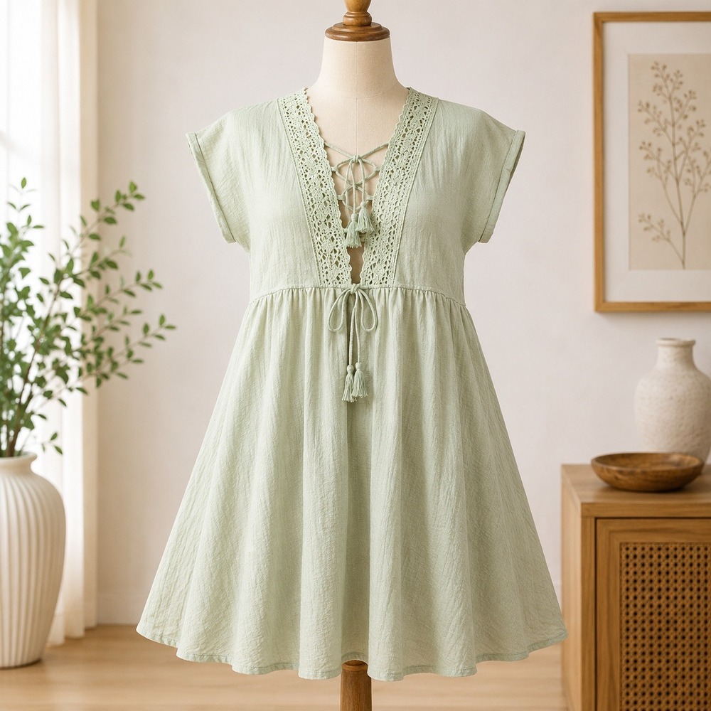 NWT Cupshe Swim Cover Up One Size Green Crochet Lace Tassel Boho Mini Dress
